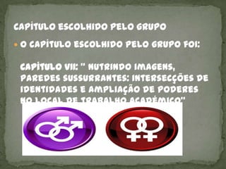  O capítulo escolhido pelo grupo foi:

 Capítulo VII: “ Nutrindo imagens,
 paredes sussurrantes: intersecções de
 identidades e ampliação de poderes
 no local de trabalho académico”
 