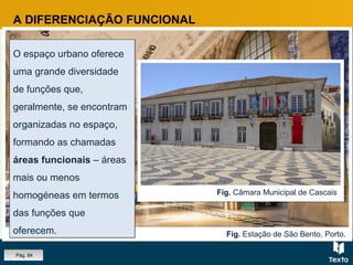 Fig. Estação de São Bento, Porto.
A DIFERENCIAÇÃO FUNCIONAL
O espaço urbano oferece
uma grande diversidade
de funções que,
geralmente, se encontram
organizadas no espaço,
formando as chamadas
áreas funcionais – áreas
mais ou menos
homogéneas em termos
das funções que
oferecem.
O espaço urbano oferece
uma grande diversidade
de funções que,
geralmente, se encontram
organizadas no espaço,
formando as chamadas
áreas funcionais – áreas
mais ou menos
homogéneas em termos
das funções que
oferecem.
Fig. Câmara Municipal de Cascais
Pág. 84
 