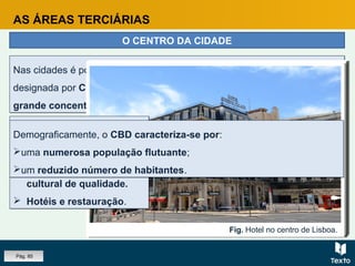 AS ÁREAS TERCIÁRIAS
Nas cidades é possível identificar uma área central, habitualmente
designada por CBD. Individualiza-se das restantes áreas da cidade pela
grande concentração de atividades terciárias.
Nas cidades é possível identificar uma área central, habitualmente
designada por CBD. Individualiza-se das restantes áreas da cidade pela
grande concentração de atividades terciárias.
Fig. Comércio numa rua da cidade do Porto.Fig. Casa da Música, Porto.
O CENTRO DA CIDADE
Fig. Assembleia da República, Lisboa.Fig. Hotel no centro de Lisboa.
 Comércio.
 Serviços especializados.
 Animação lúdica e
cultural de qualidade.
 Hotéis e restauração.
 Comércio.
 Serviços especializados.
 Animação lúdica e
cultural de qualidade.
 Hotéis e restauração.
Demograficamente, o CBD caracteriza-se por:
uma numerosa população flutuante;
um reduzido número de habitantes.
Demograficamente, o CBD caracteriza-se por:
uma numerosa população flutuante;
um reduzido número de habitantes.
Pág. 85
 