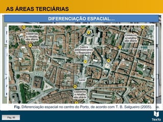 Fig. Comércio na Baixa de Lisboa.
AS ÁREAS TERCIÁRIAS
DIFERENCIAÇÃO ESPACIAL…
No CBD, existe a tendência para a diferenciação espacial, quer em altura
quer no que respeita à distribuição das atividades pelas ruas.
No CBD, existe a tendência para a diferenciação espacial, quer em altura
quer no que respeita à distribuição das atividades pelas ruas.
Os estabelecimentos de maior prestígio e os serviços que
necessitam de maior contacto com o público ocupam o piso térreo e
as ruas principais, enquanto as funções menos nobres, ou de menor
contacto com o público ocupam os andares mais altos e as ruas
secundárias.
Os estabelecimentos de maior prestígio e os serviços que
necessitam de maior contacto com o público ocupam o piso térreo e
as ruas principais, enquanto as funções menos nobres, ou de menor
contacto com o público ocupam os andares mais altos e as ruas
secundárias.
Individualizam-se áreas com predomínio:
comércio grossista;
comércio retalhista.
Individualizam-se áreas com predomínio:
comércio grossista;
comércio retalhista.
A diferenciação espacial evidencia-se também pela existência de áreas
especializadas.
A diferenciação espacial evidencia-se também pela existência de áreas
especializadas.
Pág. 86
Fig. Diferenciação espacial no centro do Porto, de acordo com T. B. Salgueiro (2005).
 