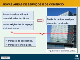 Fig. Edificio de escritórios, Lisboa.
NOVAS ÁREAS DE SERVIÇOS E DE COMÉRCIO
Aumento e diversificação
das atividades terciárias.
Aumento e diversificação
das atividades terciárias.
Novas exigências de espaço
e infraestruturas.
Novas exigências de espaço
e infraestruturas.
Saída de muitos serviços
do centro da cidade.
Saída de muitos serviços
do centro da cidade.
 Parques de escritórios.
 Parques tecnológicos.
 Parques de escritórios.
 Parques tecnológicos.
Pág. 87
 