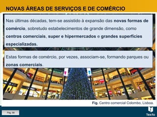 Fig. Centro comercial Colombo, Lisboa.
NOVAS ÁREAS DE SERVIÇOS E DE COMÉRCIO
Nas últimas décadas, tem-se assistido à expansão das novas formas de
comércio, sobretudo estabelecimentos de grande dimensão, como
centros comerciais, super e hipermercados e grandes superfícies
especializadas.
Nas últimas décadas, tem-se assistido à expansão das novas formas de
comércio, sobretudo estabelecimentos de grande dimensão, como
centros comerciais, super e hipermercados e grandes superfícies
especializadas.
Pág. 88
Estas formas de comércio, por vezes, associam-se, formando parques ou
zonas comerciais.
Estas formas de comércio, por vezes, associam-se, formando parques ou
zonas comerciais.
 