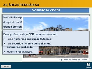 AS ÁREAS TERCIÁRIAS
Nas cidades é possível identificar uma área central, habitualmente
designada por CBD. Individualiza-se das restantes áreas da cidade pela
grande concentração de atividades terciárias.
Fig. Comércio numa rua da cidade do Porto.Fig. Casa da Música, Porto.
O CENTRO DA CIDADE
Fig. Assembleia da República, Lisboa.Fig. Hotel no centro de Lisboa.
 Comércio.
 Serviços especializados.
 Animação lúdica e
cultural de qualidade.
 Hotéis e restauração.
Demograficamente, o CBD caracteriza-se por:
 uma numerosa população flutuante;
 um reduzido número de habitantes.
Pág. 85
 
