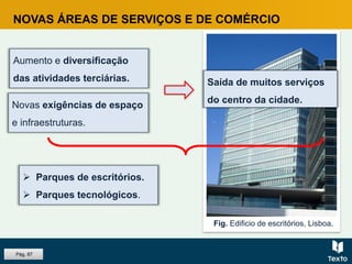 Fig. Edificio de escritórios, Lisboa.
NOVAS ÁREAS DE SERVIÇOS E DE COMÉRCIO
Aumento e diversificação
das atividades terciárias.
Novas exigências de espaço
e infraestruturas.
Saída de muitos serviços
do centro da cidade.
 Parques de escritórios.
 Parques tecnológicos.
Pág. 87
 