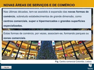 Fig. Centro comercial Colombo, Lisboa.
NOVAS ÁREAS DE SERVIÇOS E DE COMÉRCIO
Nas últimas décadas, tem-se assistido à expansão das novas formas de
comércio, sobretudo estabelecimentos de grande dimensão, como
centros comerciais, super e hipermercados e grandes superfícies
especializadas.
Pág. 88
Estas formas de comércio, por vezes, associam-se, formando parques ou
zonas comerciais.
 