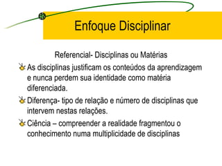 Enfoque Disciplinar Referencial- Disciplinas ou Matérias As disciplinas justificam os conteúdos da aprendizagem e nunca perdem sua identidade como matéria diferenciada. Diferença- tipo de relação e número de disciplinas que intervem nestas relações. Ciência – compreender a realidade fragmentou o conhecimento numa multiplicidade de disciplinas 