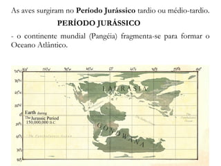 As aves surgiram no Período Jurássico tardio ou médio-tardio.
PERÍODO JURÁSSICO
- o continente mundial (Pangéia) fragmenta-se para formar o
Oceano Atlântico.
 