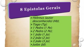 Hebreus (autor
desconhecido) (Hb);
Tiago (Tg);
1 Pedro (1 Pe);
2 Pedro (2 Pe);
1 João (1 Jo);
2 João (2 Jo);
3 João (3 Jo);
Judas (Jd).
 