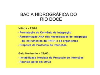 BACIA HIDROGRÁFICA DO
          RIO DOCE
•Vitória - 22/02
- Formatação do Convênio de Integração
- Apresentação ANA das necessidades de integração
   de instrumentos da PNRH e de organismos
- Proposta de Protocolo de Intenções


•Belo Horizonte – 22/03
- Inviabilidade imediata do Protocolo de Intenções
- Reunião geral em 29/03
 