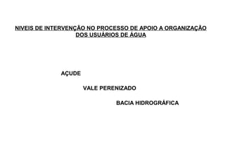 NIVEIS DE INTERVENÇÃO NO PROCESSO DE APOIO A ORGANIZAÇÃO
                   DOS USUÁRIOS DE ÁGUA




             AÇUDE

                     VALE PERENIZADO

                              BACIA HIDROGRÁFICA
 