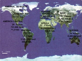 AMÉRICA DO NORTE
        3   Países
                               EUROPA
       23.651.000 km2           48 Países       ÁSIA
       421,6 hab.             10.360.000 km2      45 Países
                              743,0hab.        44.482.000 km2
AMÉRICA CENTRAL                                 3761,7 hab.
                               ÁFRICA
      20 Países               53 Países
     731.000 km2
                              30.230.000 km2
     71,2 hab. AMÉRICA                                   OCEÂNIA
                                  830,9 hab.
                    DO SUL                               14 Países
               12 Países                               8.480.000 km2
             17.833.000 km2                             30,8 hab.
              355,5 hab.
 