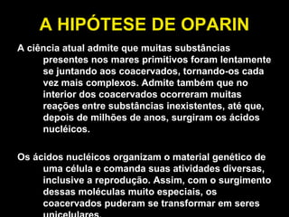 A HIPÓTESE DE OPARIN A ciência atual admite que muitas substâncias presentes nos mares primitivos foram lentamente se juntando aos coacervados, tornando-os cada vez mais complexos. Admite também que no interior dos coacervados ocorreram muitas reações entre substâncias inexistentes, até que, depois de milhões de anos, surgiram os ácidos nucléicos. Os ácidos nucléicos organizam o material genético de uma célula e comanda suas atividades diversas, inclusive a reprodução. Assim, com o surgimento dessas moléculas muito especiais, os coacervados puderam se transformar em seres unicelulares. 