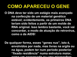 COMO APARECEU O GENE O DNA deve ter sido um estágio mais avançado na confecção de um material genético estável; evidentemente, os primeiros DNA teriam sido feitos a partir de um molde de RNA original. Isso lembra bastante, você vai concordar, o modo de atuação do retrovírus, como o da AIDS! De qualquer forma, esses “genes nus”, isto é, envolvidos por nada, mas livres na argila ou na água, podem ter num período posterior “fixado residência” numa estrutura maior, como um coacervado ou uma microesfera... 