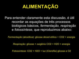ALIMENTAÇÃO Para entender claramente esta discussão, é útil recordar as equações de três processos biológicos básicos,  fermentação ,  respiração  e  fotossíntese , que reproduzimos abaixo: Fermentação  (alcoólica): glicose álcool etílico + CO2 + energia Respiração : glicose + oxigênio CO2 + H2O + energia Fotossíntese : CO2 + H2O + luz (Clorofila) glicose e O2 