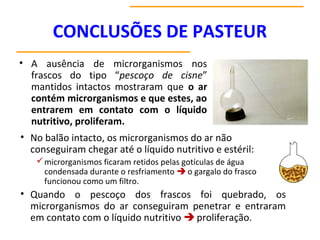 CONCLUSÕES DE PASTEUR
• A ausência de microrganismos nos
frascos do tipo “pescoço de cisne”
mantidos intactos mostraram que o ar
contém microrganismos e que estes, ao
entrarem em contato com o líquido
nutritivo, proliferam.
• No balão intacto, os microrganismos do ar não
conseguiram chegar até o líquido nutritivo e estéril:
microrganismos ficaram retidos pelas gotículas de água
condensada durante o resfriamento  o gargalo do frasco
funcionou como um filtro.
• Quando o pescoço dos frascos foi quebrado, os
microrganismos do ar conseguiram penetrar e entraram
em contato com o líquido nutritivo  proliferação.
 