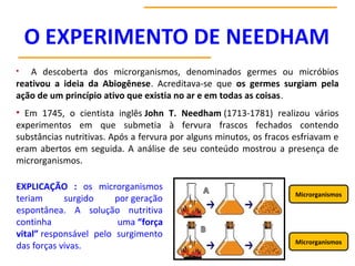 • A descoberta dos microrganismos, denominados germes ou micróbios
reativou a ideia da Abiogênese. Acreditava-se que os germes surgiam pela
ação de um princípio ativo que existia no ar e em todas as coisas.
• Em 1745, o cientista inglês John T. Needham (1713-1781) realizou vários
experimentos em que submetia à fervura frascos fechados contendo
substâncias nutritivas. Após a fervura por alguns minutos, os fracos esfriavam e
eram abertos em seguida. A análise de seu conteúdo mostrou a presença de
microrganismos.
EXPLICAÇÃO : os microrganismos
teriam surgido por geração
espontânea. A solução nutritiva
continha uma “força
vital” responsável pelo surgimento
das forças vivas.
Microrganismos
Microrganismos
 