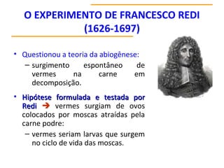 O EXPERIMENTO DE FRANCESCO REDI
(1626-1697)
• Questionou a teoria da abiogênese:
– surgimento espontâneo de
vermes na carne em
decomposição.
• Hipótese formulada e testada porHipótese formulada e testada por
RediRedi  vermes surgiam de ovos
colocados por moscas atraídas pela
carne podre:
– vermes seriam larvas que surgem
no ciclo de vida das moscas.
 
