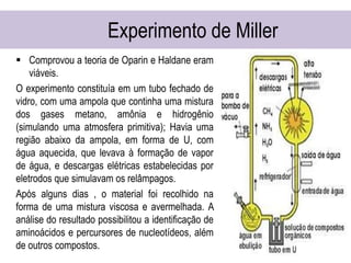Experimento de Miller
 Comprovou a teoria de Oparin e Haldane eram
viáveis.
O experimento constituía em um tubo fechado de
vidro, com uma ampola que continha uma mistura
dos gases metano, amônia e hidrogênio
(simulando uma atmosfera primitiva); Havia uma
região abaixo da ampola, em forma de U, com
água aquecida, que levava à formação de vapor
de água, e descargas elétricas estabelecidas por
eletrodos que simulavam os relâmpagos.
Após alguns dias , o material foi recolhido na
forma de uma mistura viscosa e avermelhada. A
análise do resultado possibilitou a identificação de
aminoácidos e percursores de nucleotídeos, além
de outros compostos.
 