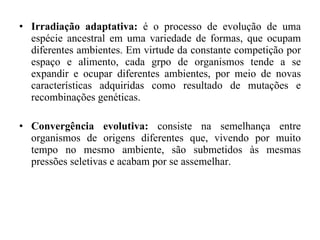 Irradiação adaptativa:  é o processo de evolução de uma espécie ancestral em uma variedade de formas, que ocupam diferentes ambientes. Em virtude da constante competição por espaço e alimento, cada grpo de organismos tende a se expandir e ocupar diferentes ambientes, por meio de novas características adquiridas como resultado de mutações e recombinações genéticas. Convergência evolutiva:  consiste na semelhança entre organismos de origens diferentes que, vivendo por muito tempo no mesmo ambiente, são submetidos às mesmas pressões seletivas e acabam por se assemelhar. 