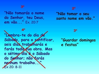 3º 
“Não tomarás o nome 
do Senhor, teu Deus, 
em vão...” Ex. 20:7 
2º 
“Não tomar o seu 
santo nome em vão.” 
4º 
“Lembra-te do dia de 
Sábado, para o santificar, 
seis dias trabalharás e 
farás toda tua obra. Mas 
o sétimo dia é o Sábado 
do Senhor; não farás 
nenhum trabalho...” 
Ex 20: 8-11 
3º 
“Guardar domingos 
e festas” 
 