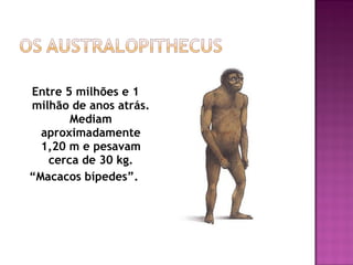 Entre 5 milhões e 1
milhão de anos atrás.
       Mediam
  aproximadamente
  1,20 m e pesavam
   cerca de 30 kg.
“Macacos bípedes”.
 