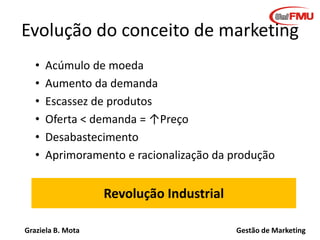 Graziela B. Mota Gestão de Marketing
Evolução do conceito de marketing
• Acúmulo de moeda
• Aumento da demanda
• Escassez de produtos
• Oferta < demanda = ↑Preço
• Desabastecimento
• Aprimoramento e racionalização da produção
Revolução Industrial
 