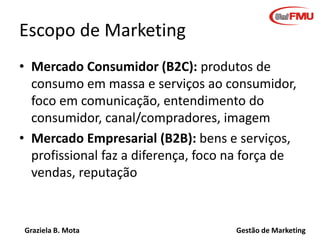 Graziela B. Mota Gestão de Marketing
Escopo de Marketing
• Mercado Consumidor (B2C): produtos de
consumo em massa e serviços ao consumidor,
foco em comunicação, entendimento do
consumidor, canal/compradores, imagem
• Mercado Empresarial (B2B): bens e serviços,
profissional faz a diferença, foco na força de
vendas, reputação
 