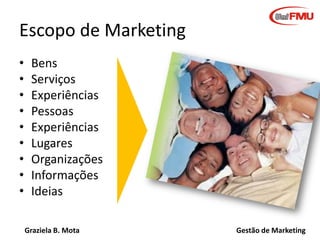 Graziela B. Mota Gestão de Marketing
Escopo de Marketing
• Bens
• Serviços
• Experiências
• Pessoas
• Experiências
• Lugares
• Organizações
• Informações
• Ideias
 