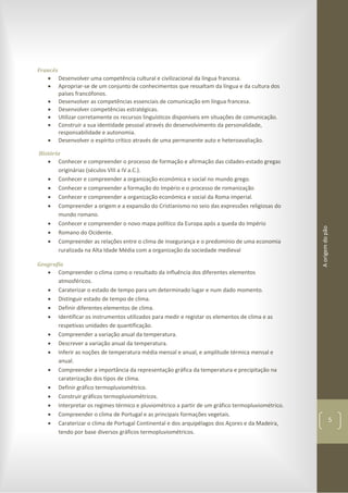 Aorigemdopão
5
Francês
 Desenvolver uma competência cultural e civilizacional da língua francesa.
 Apropriar-se de um conjunto de conhecimentos que ressaltam da língua e da cultura dos
países francófonos.
 Desenvolver as competências essenciais de comunicação em língua francesa.
 Desenvolver competências estratégicas.
 Utilizar corretamente os recursos linguísticos disponíveis em situações de comunicação.
 Construir a sua identidade pessoal através do desenvolvimento da personalidade,
responsabilidade e autonomia.
 Desenvolver o espírito crítico através de uma permanente auto e heteroavaliação.
História
 Conhecer e compreender o processo de formação e afirmação das cidades-estado gregas
originárias (séculos VIII a IV a.C.).
 Conhecer e compreender a organização económica e social no mundo grego.
 Conhecer e compreender a formação do Império e o processo de romanização
 Conhecer e compreender a organização económica e social da Roma imperial.
 Compreender a origem e a expansão do Cristianismo no seio das expressões religiosas do
mundo romano.
 Conhecer e compreender o novo mapa político da Europa após a queda do Império
 Romano do Ocidente.
 Compreender as relações entre o clima de insegurança e o predomínio de uma economia
ruralizada na Alta Idade Média com a organização da sociedade medieval
Geografia
 Compreender o clima como o resultado da influência dos diferentes elementos
atmosféricos.
 Caraterizar o estado de tempo para um determinado lugar e num dado momento.
 Distinguir estado de tempo de clima.
 Definir diferentes elementos de clima.
 Identificar os instrumentos utilizados para medir e registar os elementos de clima e as
respetivas unidades de quantificação.
 Compreender a variação anual da temperatura.
 Descrever a variação anual da temperatura.
 Inferir as noções de temperatura média mensal e anual, e amplitude térmica mensal e
anual.
 Compreender a importância da representação gráfica da temperatura e precipitação na
caraterização dos tipos de clima.
 Definir gráfico termopluviométrico.
 Construir gráficos termopluviométricos.
 Interpretar os regimes térmico e pluviométrico a partir de um gráfico termopluviométrico.
 Compreender o clima de Portugal e as principais formações vegetais.
 Caraterizar o clima de Portugal Continental e dos arquipélagos dos Açores e da Madeira,
tendo por base diversos gráficos termopluviométricos.
 