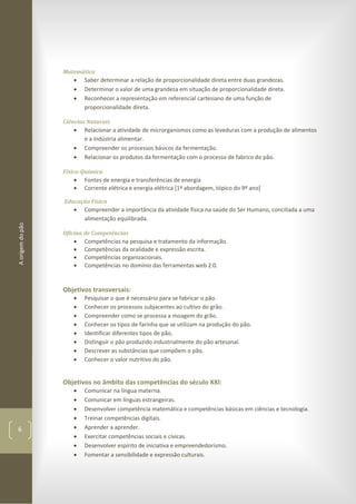 Aorigemdopão
6
Matemática
 Saber determinar a relação de proporcionalidade direta entre duas grandezas.
 Determinar o valor de uma grandeza em situação de proporcionalidade direta.
 Reconhecer a representação em referencial cartesiano de uma função de
proporcionalidade direta.
Ciências Naturais
 Relacionar a atividade de microrganismos como as leveduras com a produção de alimentos
e a indústria alimentar.
 Compreender os processos básicos da fermentação.
 Relacionar os produtos da fermentação com o processo de fabrico do pão.
Físico-Química
 Fontes de energia e transferências de energia
 Corrente elétrica e energia elétrica [1ª abordagem, tópico do 9º ano]
Educação Física
 Compreender a importância da atividade física na saúde do Ser Humano, conciliada a uma
alimentação equilibrada.
Oficina de Competências
 Competências na pesquisa e tratamento da informação.
 Competências da oralidade e expressão escrita.
 Competências organizacionais.
 Competências no domínio das ferramentas web 2.0.
Objetivos transversais:
 Pesquisar o que é necessário para se fabricar o pão.
 Conhecer os processos subjacentes ao cultivo do grão.
 Compreender como se processa a moagem do grão.
 Conhecer os tipos de farinha que se utilizam na produção do pão.
 Identificar diferentes tipos de pão.
 Distinguir o pão produzido industrialmente do pão artesanal.
 Descrever as substâncias que compõem o pão.
 Conhecer o valor nutritivo do pão.
Objetivos no âmbito das competências do século XXI:
 Comunicar na língua materna.
 Comunicar em línguas estrangeiras.
 Desenvolver competência matemática e competências básicas em ciências e tecnologia.
 Treinar competências digitais.
 Aprender a aprender.
 Exercitar competências sociais e cívicas.
 Desenvolver espírito de iniciativa e empreendedorismo.
 Fomentar a sensibilidade e expressão culturais.
 