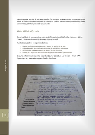 Aorigemdopão
10
mesmo saborear um tipo de pão à sua escolha. Foi, portanto, uma experiência em que tiveram de
aplicar de forma cuidada as competências relacionais e sociais e aplicaram os conhecimentos sobre
a entrevista que tinham preparado previamente.
Visita à fábrica Cerealis
Com a finalidade de compreender o processo de fabrico industrial da farinha, visitamos a fábrica
Cerealis. (Ver Anexo 5 – Autorização para a visita de estudo)
A visita de estudo teve os seguintes objetivos:
1. Conhecer os tipos de cereais mais comuns na produção do pão.
2. Compreender o processo de transformação dos cereais em farinha.
3. Proporcionar uma experiência de fabrico de pão industrial.
4. Conhecer a importância do consumo do pão numa alimentação saudável.
Os alunos refletiram sobre a visita, preenchendo uma tabela SIAR (ver Anexo 6 – Tabela SIAR)
Apresentam-se a seguir algumas das reflexões dos alunos.
 