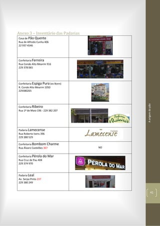 Aorigemdopão
41
Anexo 3 – Inventário das Padarias
Casa de Pão Quente
Rua de Alfredo Cunha 406
22 937 4546
Confeitaria Ferreira
Rua Conde Alto Mearim 916
229 378 065
Confeitaria Espiga Pura (ex Bonn)
R. Conde Alto Mearim 1050
229380265
Confeitaria Ribeiro
Rua 1º de Maio 196 - 229 382 207
Padaria Lamecense
Rua Roberto Ivens 396
229 380 529
Confeitaria Bombom Charme
Rua Álvaro Castelões 367 ND
Confeitaria Pérola do Mar
Rua Cruz de Pau 404
229 374 970
Padaria Leal
Av. Serpa Pinto 237
229 380 249
 