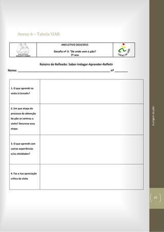 Aorigemdopão
45
Anexo 6 – Tabela SIAR
ANO LETIVO 2014/2015
Desafio nº 3: “De onde vem o pão?
7º ano
Roteiro de Reflexão: Saber-Indagar-Aprender-Refletir
Nome: ________________________________________________________ nº ________
1. O que aprendi na
visita à Cerealis?
2. Em que etapa do
processo de obtenção
do pão se centrou a
visita? Descreve essa
etapa.
3. O que aprendi com
outras experiências
e/ou atividades?
4. Faz a tua apreciação
crítica da visita
 