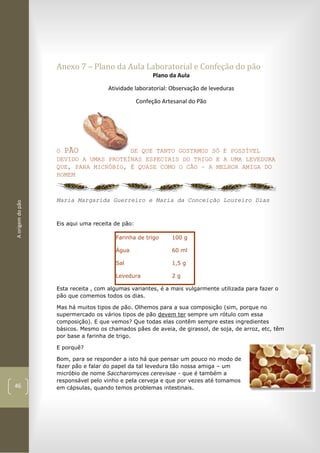 Aorigemdopão
46
Anexo 7 – Plano da Aula Laboratorial e Confeção do pão
Plano da Aula
Atividade laboratorial: Observação de leveduras
Confeção Artesanal do Pão
O PÃO DE QUE TANTO GOSTAMOS SÓ É POSSÍVEL
DEVIDO A UMAS PROTEÍNAS ESPECIAIS DO TRIGO E A UMA LEVEDURA
QUE, PARA MICRÓBIO, É QUASE COMO O CÃO – A MELHOR AMIGA DO
HOMEM
Maria Margarida Guerreiro e Maria da Conceição Loureiro Dias
Eis aqui uma receita de pão:
Farinha de trigo 100 g
Água 60 ml
Sal 1,5 g
Levedura 2 g
Esta receita , com algumas variantes, é a mais vulgarmente utilizada para fazer o
pão que comemos todos os dias.
Mas há muitos tipos de pão. Olhemos para a sua composição (sim, porque no
supermercado os vários tipos de pão devem ter sempre um rótulo com essa
composição). E que vemos? Que todas elas contêm sempre estes ingredientes
básicos. Mesmo os chamados pães de aveia, de girassol, de soja, de arroz, etc, têm
por base a farinha de trigo.
E porquê?
Bom, para se responder a isto há que pensar um pouco no modo de
fazer pão e falar do papel da tal levedura tão nossa amiga – um
micróbio de nome Saccharomyces cerevisae - que é também a
responsável pelo vinho e pela cerveja e que por vezes até tomamos
em cápsulas, quando temos problemas intestinais.
 