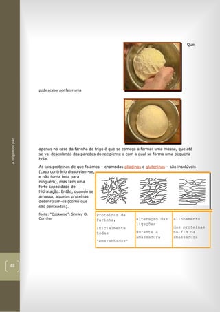 Aorigemdopão
48
Que
apenas no caso da farinha de trigo é que se começa a formar uma massa, que até
se vai descolando das paredes do recipiente e com a qual se forma uma pequena
bola.
As tais proteínas de que falámos – chamadas gliadinas e gluteninas – são insolúveis
(caso contrário dissolviam-se,
e não havia bola para
ninguém), mas têm uma
forte capacidade de
hidratação. Então, quando se
amassa, aquelas proteínas
desenrolam-se (como que
são penteadas).
fonte: “Cookwise”. Shirley O.
Corriher
Proteínas da
farinha,
inicialmente
todas
“emaranhadas”
alteração das
ligações
durante a
amassadura
alinhamento
das proteínas
no fim da
amassadura
pode acabar por fazer uma
 