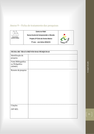 Aorigemdopão
55
Anexo 9 – Ficha de tratamento das pesquisas
Como na Vida!
Numa Escola de Compreender o Mundo
Projeto 3º Ciclo do Ensino Básico
7º ano - ano letivo 2014/15
FICHA DE TRATAMENTO DAS PESQUISAS
Identificação da
pesquisa
Fonte Bibliográfica
ou Webgráfica
(NP405)
Resumo da pesquisa
Citações
(NP 405)
 