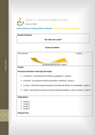 Aorigemdopão
66
Anexo 15 – Guião do trabalho de grupo
Como na Vida!
Numa Escola de Compreender o Mundo Projeto 3º ciclo do Ensino Básico
Desafio Problema:
“De onde vem o pão?”
Guião de trabalho
“Da semente ao pão….
passando pela farinha e massa
Grupos:
Pesquisas efeutadas e descrição das etapas
 A semente – enquadramento histórico e geográfico – grupo 3
 A farinha – da semente à farinha (utensílios e moinhos) – grupo 1
 A massa - da farinha ao pão (leveduras e processo de fabrico na atualidade) – grupo 4
 O pão – da importância do pão na alimentação (variedades e valor nutritivo) – grupo 2
Subprodutos:
 Grupo 1
 Grupo 2
 Grupo 3
 Grupo 4
Produto Final:
 