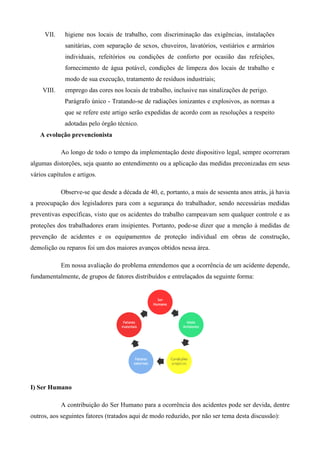 VII.     higiene nos locais de trabalho, com discriminação das exigências, instalações
              sanitárias, com separação de sexos, chuveiros, lavatórios, vestiários e armários
              individuais, refeitórios ou condições de conforto por ocasião das refeições,
              fornecimento de água potável, condições de limpeza dos locais de trabalho e
              modo de sua execução, tratamento de resíduos industriais;
    VIII.     emprego das cores nos locais de trabalho, inclusive nas sinalizações de perigo.
              Parágrafo único - Tratando-se de radiações ionizantes e explosivos, as normas a
              que se refere este artigo serão expedidas de acordo com as resoluções a respeito
              adotadas pelo órgão técnico.
   A evolução prevencionista

            Ao longo de todo o tempo da implementação deste dispositivo legal, sempre ocorreram
algumas distorções, seja quanto ao entendimento ou a aplicação das medidas preconizadas em seus
vários capítulos e artigos.

            Observe-se que desde a década de 40, e, portanto, a mais de sessenta anos atrás, já havia
a preocupação dos legisladores para com a segurança do trabalhador, sendo necessárias medidas
preventivas específicas, visto que os acidentes do trabalho campeavam sem qualquer controle e as
proteções dos trabalhadores eram insipientes. Portanto, pode-se dizer que a menção à medidas de
prevenção de acidentes e os equipamentos de proteção individual em obras de construção,
demolição ou reparos foi um dos maiores avanços obtidos nessa área.

            Em nossa avaliação do problema entendemos que a ocorrência de um acidente depende,
fundamentalmente, de grupos de fatores distribuídos e entrelaçados da seguinte forma:




I) Ser Humano

            A contribuição do Ser Humano para a ocorrência dos acidentes pode ser devida, dentre
outros, aos seguintes fatores (tratados aqui de modo reduzido, por não ser tema desta discussão):
 