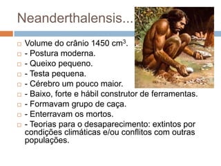 Neanderthalensis...











Volume do crânio 1450 cm3.
- Postura moderna.
- Queixo pequeno.
- Testa pequena.
- Cérebro um pouco maior.
- Baixo, forte e hábil construtor de ferramentas.
- Formavam grupo de caça.
- Enterravam os mortos.
- Teorias para o desaparecimento: extintos por
condições climáticas e/ou conflitos com outras
populações.

 