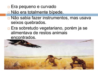 Era pequeno e curvado
 Não era totalmente bípede.
 Não sabia fazer instrumentos, mas usava
seixos quebrados.
 Era sobretudo vegetariano, porém ja se
alimentava de restos animais
encontrados.


 