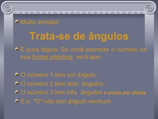 Muito simples: Trata-se de ângulos É pura lógica: Se você escrever o número na sua  forma primitiva , verá que: O número 1 tem um ângulo. O número 2 tem dois  ângulos.  O número 3 tem três  ângulos  e assim por diante E o  "O" não tem ângulo nenhum. 