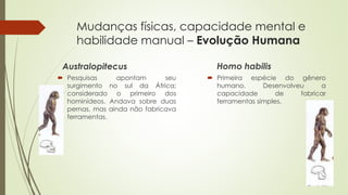 Mudanças físicas, capacidade mental e
habilidade manual – Evolução Humana
Australopitecus
 Pesquisas apontam seu
surgimento no sul da África;
considerado o primeiro dos
hominídeos. Andava sobre duas
pernas, mas ainda não fabricava
ferramentas.
Homo habilis
 Primeira espécie do gênero
humano. Desenvolveu a
capacidade de fabricar
ferramentas simples.
 