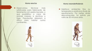 Homo erectus
 Desenvolveu técnicas mais
sofisticadas para fabricação de
ferramentos em pedra lascada, o
que possibilitou a caça de
animais maiores, e dominou o
fogo. Populações deixaram a
África para habitar outros
continentes.
Homo neanderthalensis
 Habitava ambientes frios ou
temperados e praticava rituais de
sepultamento. Por razões ainda
desconhecidas, foi extinto por
volta de 30 mil anos atrás.
 