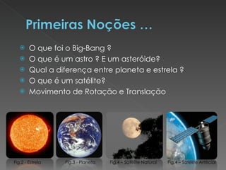 O que foi o Big-Bang ? O que é um astro ? E um asteróide? Qual a diferença entre planeta e estrela ? O que é um satélite?  Movimento de Rotação e Translação Fig.2 - Estrela Fig.3 - Planeta Fig.4 – Satélite Natural Fig.4 – Satélite Artificial 