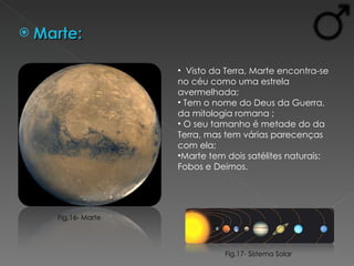 Marte:  Visto da Terra, Marte encontra-se no céu como uma estrela avermelhada; Tem o nome do Deus da Guerra, da mitologia romana ; O seu tamanho é metade do da Terra, mas tem várias parecenças com ela; Marte tem dois satélites naturais: Fobos e Deimos. Fig.17- Sistema Solar Fig.16- Marte 