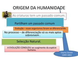 Charles Darwin
(1809-1882)
ORIGEM DA HUMANIDADE
As criaturas tem um passado comum.
Evolução – esses organismos foram-se diferenciando.
Partilham um passado comum.
A EVOLUÇÃO CONDUZIU ao surgimento da espécie
humana.
Selecção Natural.
No processo – de diferenciação só os mais aptos
sobrevivem .
 