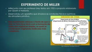 EXPERIMENTO DE MILLER
▪ Miller junto com seu professor Urey testou em 1953 a proposta elaborada
por Oparin e Haldane.
▪ Desenvolveu um aparelho que simulava as condições físicas e químicas
da atmosfera primitiva.
▪ Esse experimento reforçou a teoria de que a
vida na Terra teve início com a formação de
moléculas orgânicas simples, as quais se
combinaram originando moléculas mais
complexas.
http://slideplayer.com/slide/10227615/
 