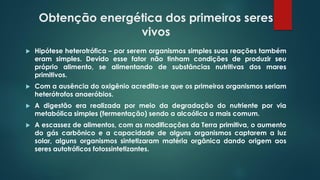 Obtenção energética dos primeiros seres
vivos
 Hipótese heterotrófica – por serem organismos simples suas reações também
eram simples. Devido esse fator não tinham condições de produzir seu
próprio alimento, se alimentando de substâncias nutritivas dos mares
primitivos.
 Com a ausência do oxigênio acredita-se que os primeiros organismos seriam
heterótrofos anaeróbios.
 A digestão era realizada por meio da degradação do nutriente por via
metabólica simples (fermentação) sendo a alcoólica a mais comum.
 A escassez de alimentos, com as modificações da Terra primitiva, o aumento
do gás carbônico e a capacidade de alguns organismos captarem a luz
solar, alguns organismos sintetizaram matéria orgânica dando origem aos
seres autotróficos fotossintetizantes.
 