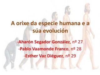 A orixe da especie humana e a
         súa evolución
  -Aharón Segador González, nº 27
   -Pablo Vaamonde Franco, nº 28
      -Esther Vaz Diéguez, nº 29
 