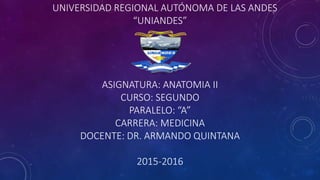 UNIVERSIDAD REGIONAL AUTÓNOMA DE LAS ANDES
“UNIANDES”
ASIGNATURA: ANATOMIA II
CURSO: SEGUNDO
PARALELO: “A”
CARRERA: MEDICINA
DOCENTE: DR. ARMANDO QUINTANA
2015-2016
 
